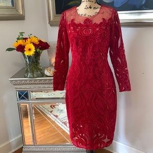 MARCHESA Notte Designer Velvet Sequin long sleeve dress red 6 8 sheer